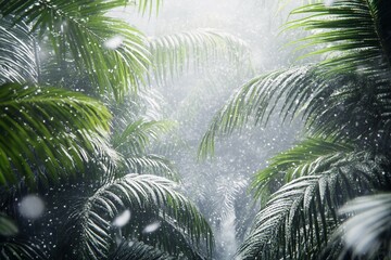 Tropical jungle covered by gentle falling snowflakes