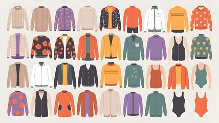 Fototapeta premium Collection of men s and women s sweaters jackets and tops isolated on white background