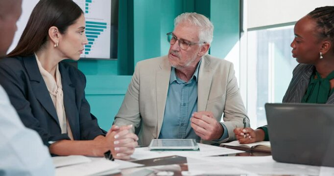 Business, finance or people with meeting in office for profit sharing, capital structure or ideas. Teamwork, listening or stakeholders in boardroom for investment pitch, sales negotiation or feedback