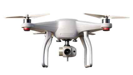 A sleek white drone with camera, isolated on transparent background, ready for aerial photography and surveillance