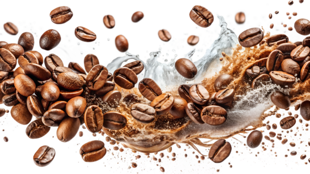 A dynamic splash of coffee beans, isolated on transparent background, showcasing the rich aroma and energy of the beverage