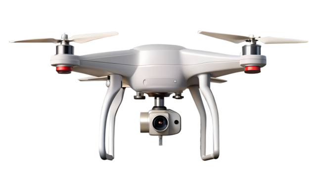 A sleek white drone with camera, isolated on transparent background, ready for aerial photography and surveillance - Powered by Adobe