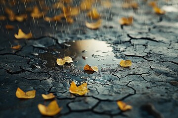 Raindrops hitting dry desert soil bringing signs of life