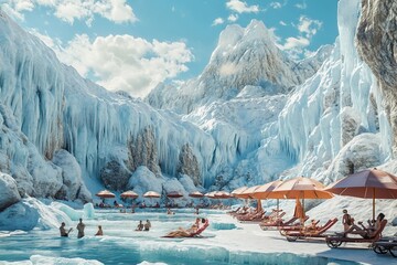 Beach setup with umbrellas and lounge chairs on sand