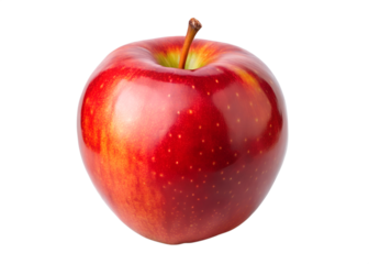 A shiny red apple with a short brown stem is isolated on transparent background, showcasing its vibrant color and fresh appearance
