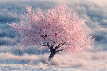 Frozen cherry blossoms glowing beneath a wintry sky