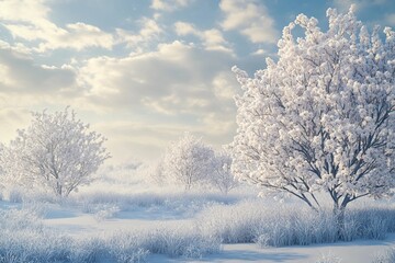 Frost-covered cherry trees blooming against winter sky
