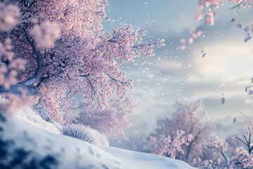 Frozen cherry blossoms glowing beneath a wintry sky