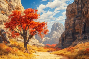 Orange and red autumn trees growing in the middle of canyons
