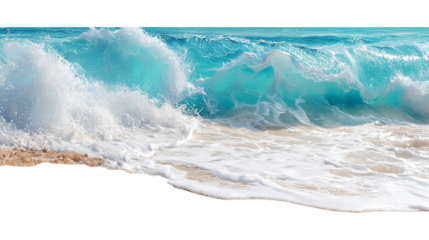 Clear turquoise ocean waves crashing on sandy beach isolated on transparent white background, clipping path