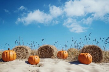 Pumpkins and hay bales on sand dunes at sunset
