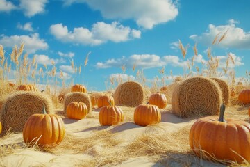 Pumpkins and hay bales on sand dunes at sunset