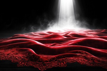 Obraz premium Mysterious red fabric undulates under soft light in a darkened space at twilight