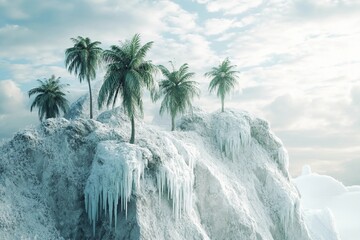Frozen cliffs with tropical palm trees rising above