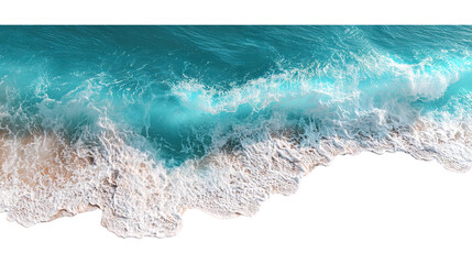 Clear turquoise ocean waves crashing on sandy beach isolated on transparent white background, clipping path