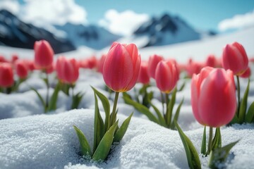 Vibrant tulips growing through patches of melting snow