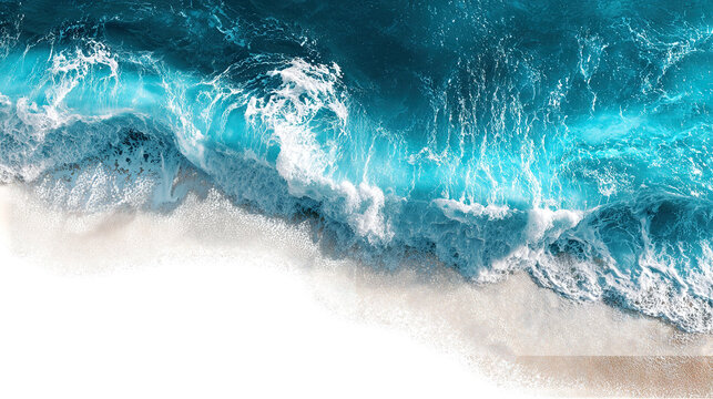 Clear turquoise ocean waves crashing on sandy beach isolated on transparent white background, clipping path