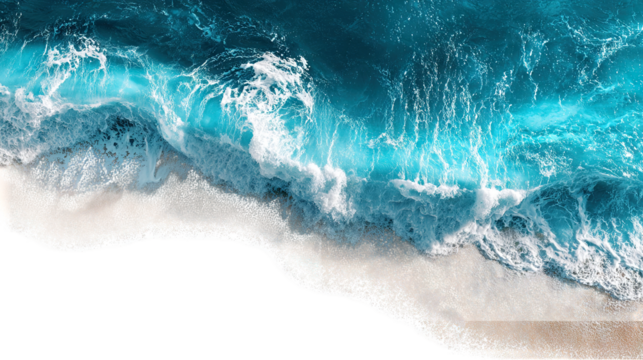 Clear turquoise ocean waves crashing on sandy beach isolated on transparent white background, clipping path