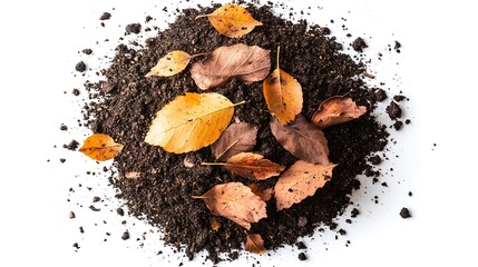 Top view of dark soil pile with fallen autumn leaves isolated on white background studio shot