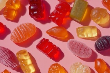 Gummy Candy Delight: Vibrant Colors and Shapes on Pink