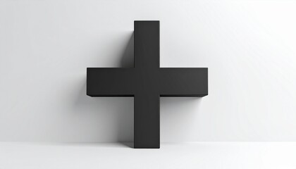 Fototapeta premium A three-dimensional black plus sign against a white background.