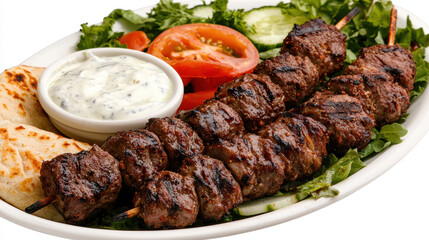 Delicious platter of grilled lamb kebabs served with fresh vegetables and creamy sauce, perfect for satisfying meal