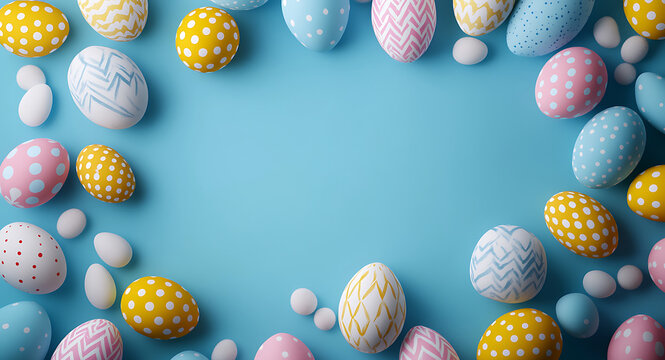 Top view of pastel easter eggs with patterns and small white eggs frame a bright blue background creating a festive spring holiday scene