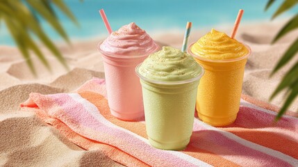 Refreshing smoothie trio on a sandy beach, perfect for a tropical escape. Enjoy the sweet flavors with a view of the clear blue ocean backdrop!