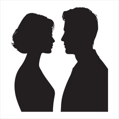 Silhouette of a man and woman facing each other in profile on a white background