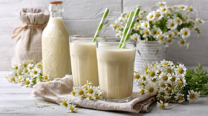 Refreshing beverage with floral accents, served on a rustic white table. The creamy drink is complemented by daisies and striped straws.