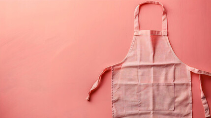 A simple pink fabric apron with ties laid flat on a matching solid pink background with copy space.