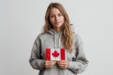 Young Woman in Grey Hoodie Holding Canadian Flag: Serene Portrait
