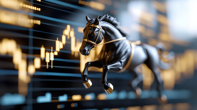 Sleek horse in black suit symbolizes strength and elegance, set against backdrop of financial graphs