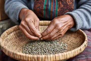 Elderly woman selecting lentils in wicker basket, close up of hands