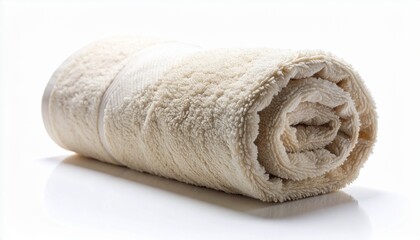 Single Rolled Natural Cotton Bath Towel on White Background