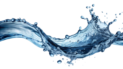A dynamic splash of clear blue water with droplets in motion, isolated on transparent background