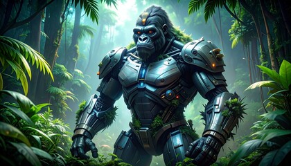 Fototapeta premium A powerful, armored gorilla stands amidst lush green foliage in a vibrant jungle setting.