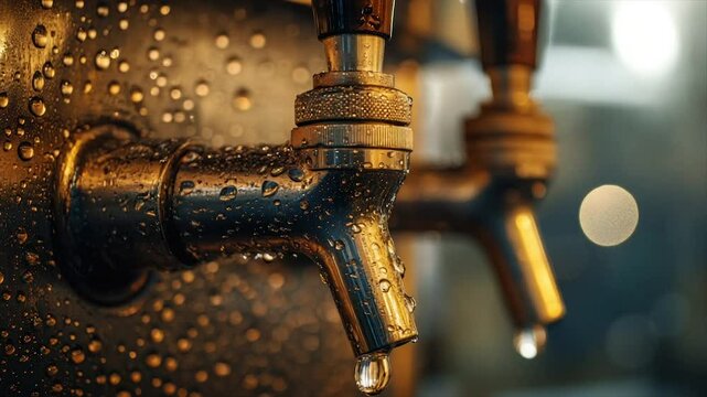 Close-up of two glistening beverage taps, condensation droplets visible