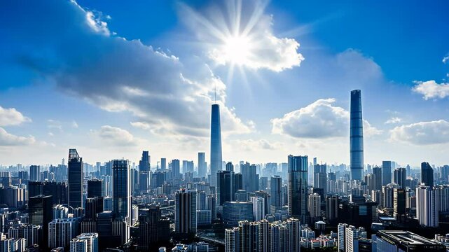 Cityscape with a bright sun above towering buildings and scattered clouds in the blue sky