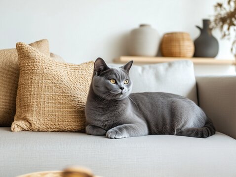 Russian Blue cat lies calmly on a sofa in a minimalist, modern interior setting.