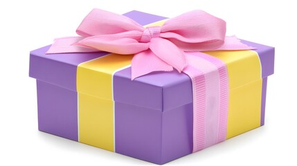 Fototapeta premium Purple Yellow Gift Box with Pink Ribbon Bow