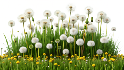 A vibrant field of dandelions and grass, isolated on transparent background, captures the essence of spring and summer