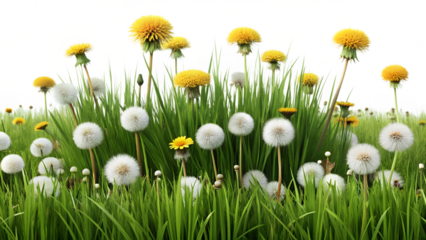 A vibrant field of dandelions with yellow and white flowers growing in green grass, isolated on transparent background