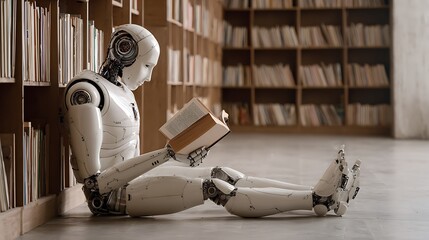 robot ai sits in the library and reads a book. Concept of text generation, AI training and information systematization 

