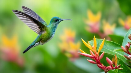 Fototapeta premium Green crowned brilliant hummingbird flying near colorful flower in tropical forest