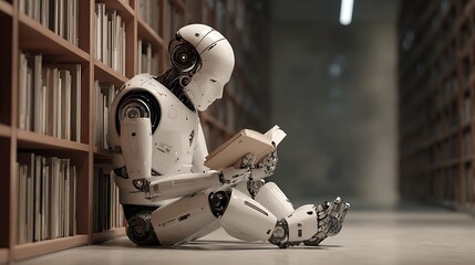 robot ai sits in the library and reads a book. Concept of text generation, AI training and information systematization 
