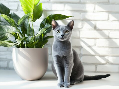 Russian Blue cat sits near a potted houseplant by a white brick wall in soft natural light.