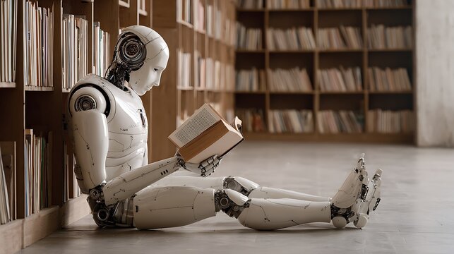 robot ai sits in the library and reads a book. Concept of text generation, AI training and information systematization 
