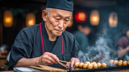 Fototapeta premium Japanese chef cooking takoyaki on street food stall in osaka