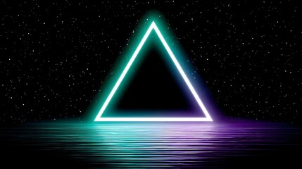 Neon triangle light reflected in water with a dark starry background.